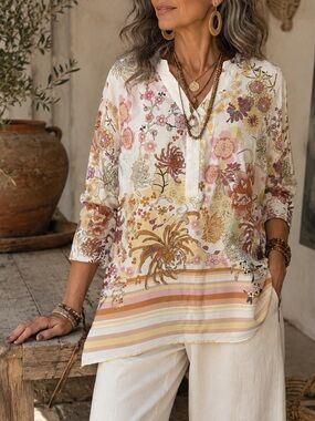 NWT Grenier Floral Boho Blouse Top White Pink Yellow Cream Neutral Size XL